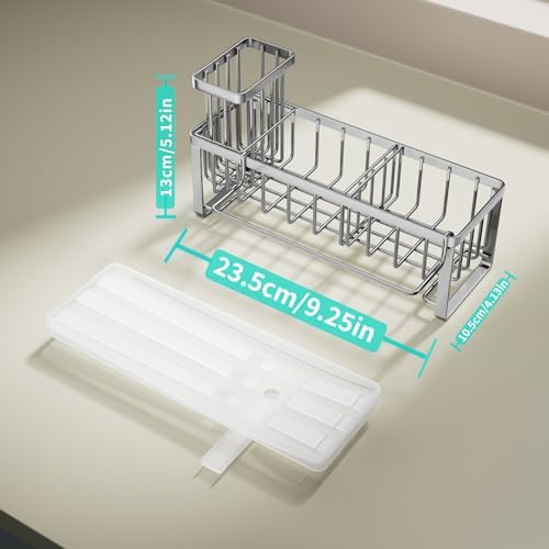 HapiRm Sponge Holder for Kitchen Sink - Self-draining Sink Caddy with Brush Holder and Dishcloth Holder, Stainless Steel Kitchen Organizer - Silver