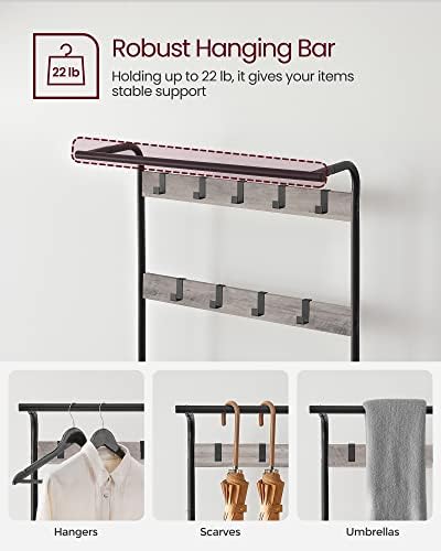 VASAGLE Coat Rack, Hall Tree with Shoe Bench, 4-in-1, 9 Removable Hooks