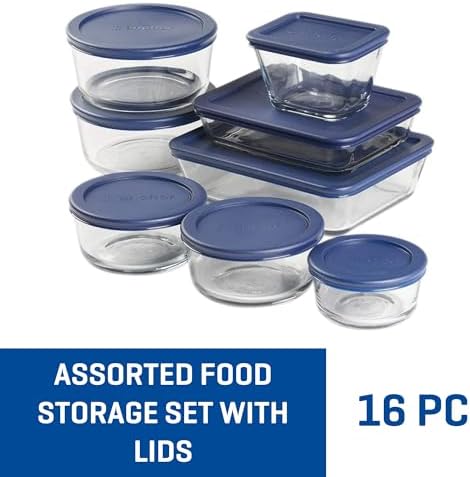 Anchor Hocking 16 Piece Glass Storage Containers with Lids (8 Glass Food Storage Containers & 8 Navy Blue SnugFit Lids)