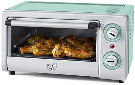 GreenLife Countertop Toaster Oven Air Fryer Stainless Steel, Healthy Ceramic Nonstick, PFAS Free, Tray & Basket, Bake, Broil, Reheat, Adjustable Temp & Time Control, Auto Shutoff, Turquoise