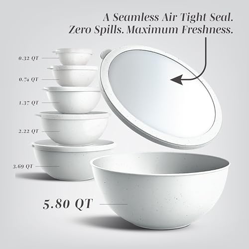 COOK WITH COLOR Mixing Bowls with TPR Lids - 12 Piece Plastic Nesting Bowls Set includes 6 Prep Bowls and 6 Lids, Microwave Safe Mixing Bowl Set (Speckled White)