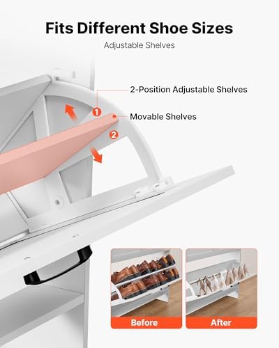 VEVOR Shoe Cabinet with 2 Flip Drawers, Farmhouse Shoes Storage Cabinet with 2 Drawers and Anti-Tipping Device, Freestanding Shoe Organizer Ideal for Entryway, Hallway, Bedroom, Living Room, White