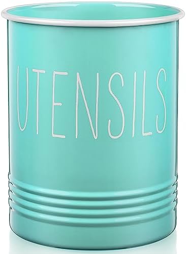 Bivvclaz Teal Kitchen Utensil Holder, 6.7" Utensil Holder for Kitchen Counter, Cooking Utensil Crock with Cork Bottom, Turquoise Decor and Accessories, Countertop Utensil Storage Caddy Organizer