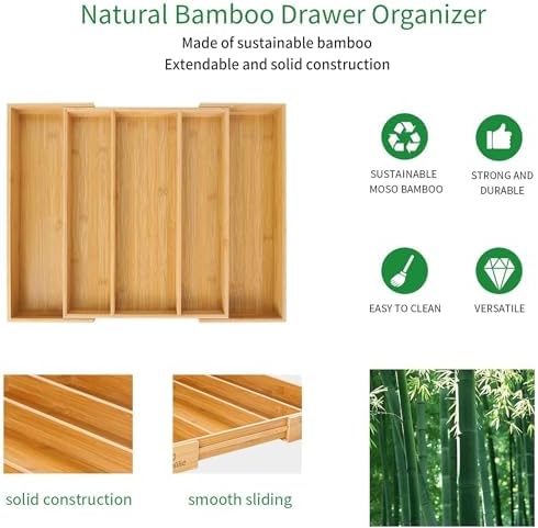 Utoplike Bamboo Expandable Kitchen Drawer Organizer Silverware Utensil Tray