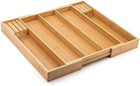 Purawood Kitchen Drawer Organizer with Knife Blocks - Utensil Drawer Organizer for Kitchen, Cutlery Tray & Silverware Organizer, 3-5 Slots - Bamboo Organizer for Utensils & Flatware (Natural)