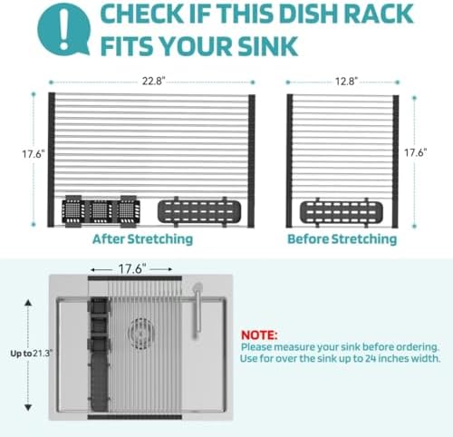 BBXTYLY Extra Large Black Expandable Roll Up Dish Drying Rack Up to 22.8''with 2 Storage Baskets,Over The Sink Kitchen Rolling up Dishes Drainer, Foldable,Rollable