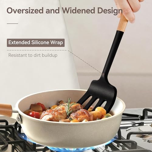 NCUE 6-Pcs Silicone Kitchen Utensils Set Wood Handle BPA-Free Food Grade