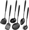304 Stainless Steel Cooking Utensils,6 Pcs Kitchen Cooking Utensils Set with Spatula, Solid Spoon, Ladle, Skimmer, Spaghetti Spoon,Dishwasher Safe(Black)