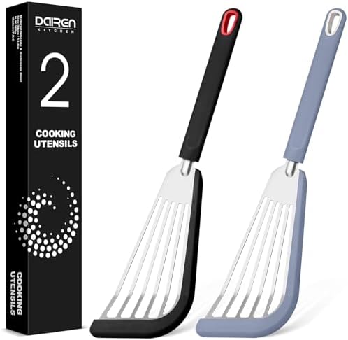 Fish Spatula Turner,Thin Slotted,Stainless Steel With Silicone Edge,2 Pack