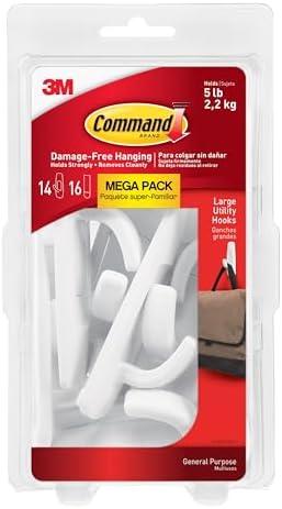 Command Large Utility Hooks, 14 Hooks and 16 Strips, Damage-Free Hanging Wall Hooks with Adhesive Strips, No Tools Adhesive Hooks for Hanging, Organization and Storage (Pack of 2)