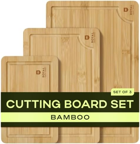 ROYAL CRAFT WOOD Wooden Cutting Boards for Kitchen Meal Prep & Serving - Bamboo Wood Serving Board Set with Deep Juice Groove Side Handles - Charcuterie & Chopping Butcher Block for Meat
