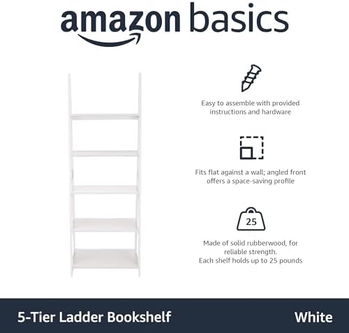 Amazon Basics 5-Tier Ladder Bookshelf Storage Organizer for Small Space, Easy to Assemble, Solid Rubberwood Frame, White Finish, 14D x 24.8W x 70.1H in
