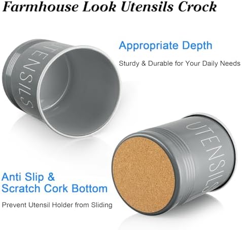 Bivvclaz Gray Kitchen Utensil Holder, 6.7" Utensil Holder for Counter, Cooking Utensil Crock with Cork Bottom, Modern Farmhouse Kitchen Decor, Countertop Utensil Storage Organizer Caddy