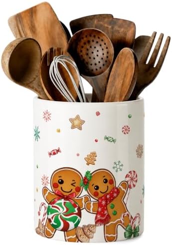 Christmas Gingerbread Man Ceramic Utensil Crock, Farmhouse Xmas Kitchen Utensil Holder, Countertop Storage Organizer, Christmas Decor Caddy for Spatulas, Baking Gadgets & Cooking Tools