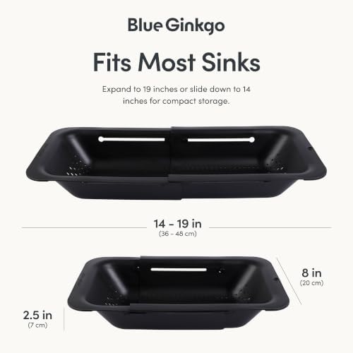 Blue Ginkgo Over Sink Colander, Extendable Kitchen Strainer, Black