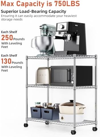 Simple Deluxe 3-Tier Heavy Duty Storage Shelves 750Lb Capacity, 24.02" D x 13.78" W x 29.92" H Adjustable Shelving Unit with Wheels, Chrome