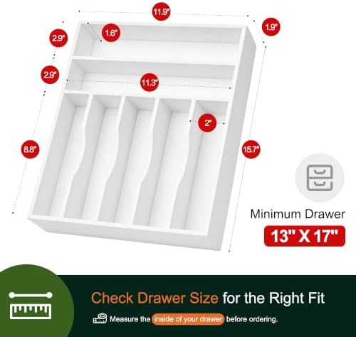 Kitchen Bamboo Silverware Organizer, Kitchen Drawer Organizer - Utensil Holder and Cutlery Tray with Grooved Drawer Dividers for Flatware 7 Slot, White