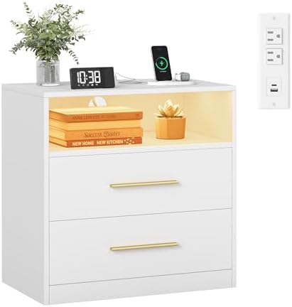 VASAGLE 23.6 Nightstands, LED Lights, Charging Station, 2 Drawers