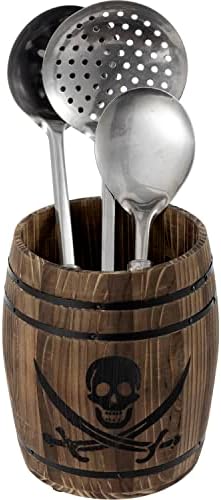 MyGift Pirate Rum Cask Utensil Crock, Rustic Burnt Wood Kitchen Holder