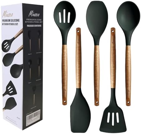 Non-Stick Silicone Cooking Utensils Set with Natural Acacia Hard Wood Handle, 5 Piece, High Heat Resistant (Green)