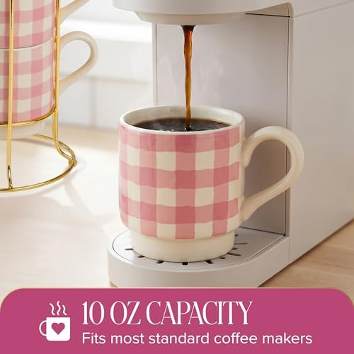 Paris Hilton Stackable Coffee Mug Set with Gold-Tone Rack, Gingham Ceramic Stoneware Cups for Coffee, Tea & Latte, Microwave & Dishwasher Safe, 4-Piece, 10-Ounce, Pink