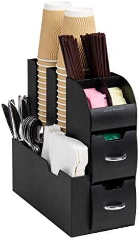 Mind Reader Cup and Condiment Station, Countertop Organizer, Coffee Bar, Kitchen, Stirrers, 5.35"W x 11.25"L x 11.15"H, Black