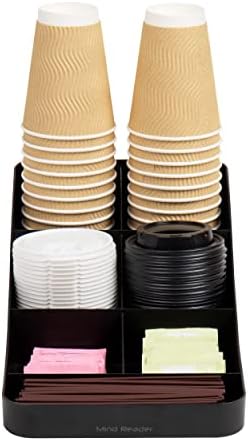 Mind Reader Cup and Condiment Station, Countertop Organizer, Coffee Bar, Kitchen, Stirrers, 7.25"L x 15.5"W x 5.25"H, Black