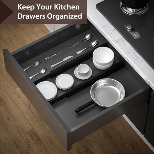 4 Pack Bamboo Drawer Dividers 17-22" Adjustable Kitchen Organizer, Black