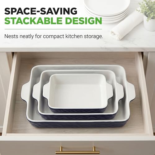 NutriChef 3-Piece Ceramic Casserole Dishes for Oven - Heavy Duty Rectangular Lasagna Baking Pans w/ Premium Nonstick Coating & Handles - PFOS, PTFE, PFOA Free - Microwave & Oven Safe, Royal Blue