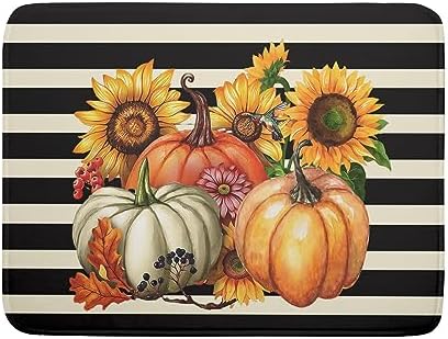 Sunflower Pumpkin Dish Drying Mat for Kitchen Counter,Black and White Stripe Drying Mat 18 x 24 Inch with Absorbent Reversible Microfiber Dish Drying Pad Dish Rack Drainer Mat for Coffee Bar