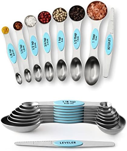 Spring Chef Stainless Steel 8 Magnetic Measuring Spoons, 2 Pack, Aqua Sky