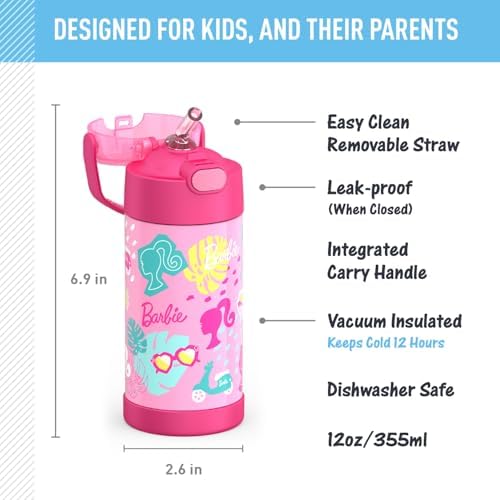 THERMOS FUNTAINER Water Bottle with Straw, Barbie, 12 Ounces (Pack of 6)