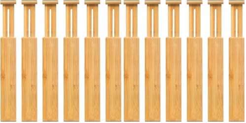 VaeFae 12-Pack Adjustable Bamboo Drawer Dividers, Expandable Drawer Organizer for Kitchen Utensils, Clothes, Bathroom, Office – Fits Drawer Interiors 16.6" to 21.8"
