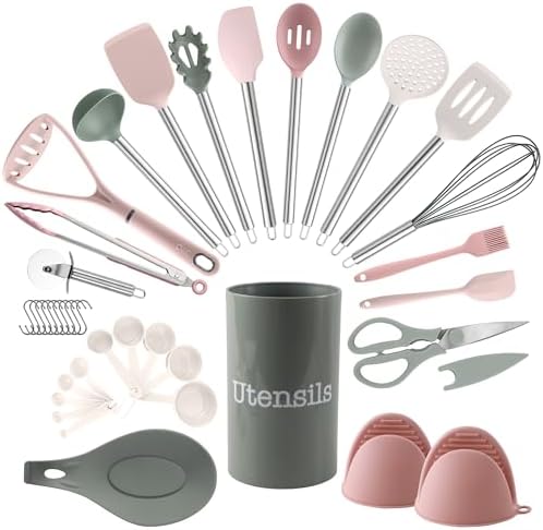 COOK WITH COLOR Silicone Cooking Utensils, Kitchen Utensil Set, Easy to Clean Silicone Kitchen Utensils, Cooking Utensils for Nonstick Cookware, Kitchen Gadgets Set, 38 Piece, Mint