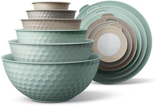 COOK WITH COLOR Mixing Bowls with Lids - 12 Piece Plastic Nesting Bowls Set includes 6 Prep Bowls and 6 Lids, Microwave Safe Mixing Bowl Set, Mint Embossed