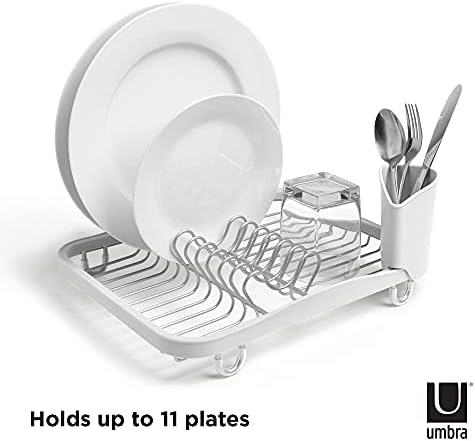 Umbra Sinkin Dish Drying Rack, in Sink or Countertop Drainer, White/Nickel