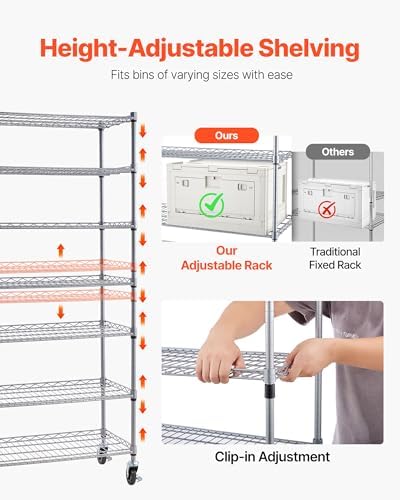 VEVOR 7-Tier Rolling Bin Storage Rack, 18 Organizer Bins, Bin Rack Storage Steel Wire Shelving System with Wheels, Mobile Tool Organizer for Garage, Warehouse, Office, Restaurant, Classroom, Kitchen