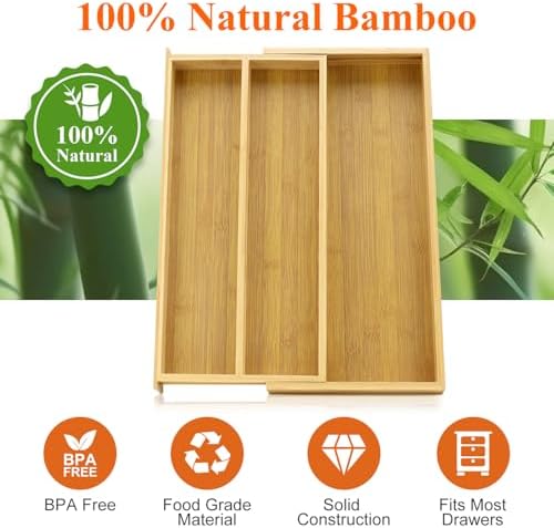 Large Bamboo Kitchen Utensil Drawer Organizer Expandable Silverware Tray