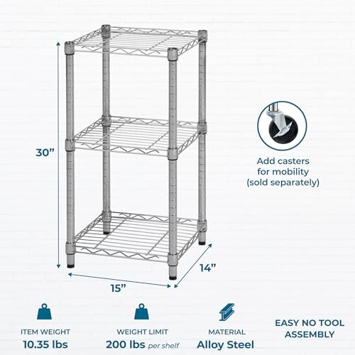 Honey-Can-Do 3-Tier Stackable Chrome Wire Shelf, 200 lb/Shelf, 15x14x30 in