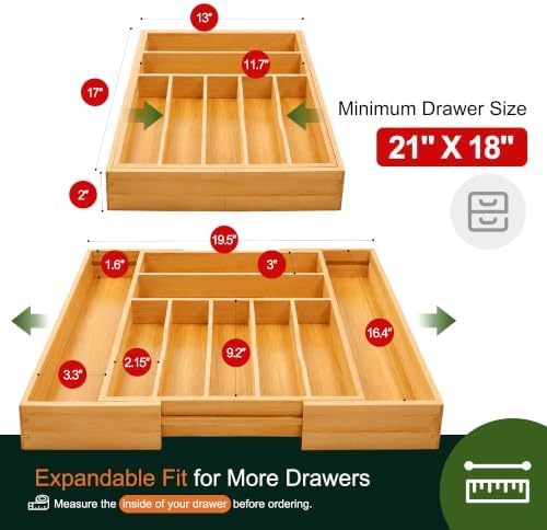 Large Premium Bamboo Silverware Organizer - Expandable Drawer Organizer & Utensil Organizer - 17"x19.7" Cutlery Tray with Dividers for Kitchen Utensils and Flatware (7-9 Slots) (Natural)