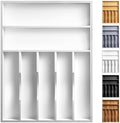 Kitchen Bamboo Silverware Organizer, Kitchen Drawer Organizer - Utensil Holder and Cutlery Tray with Grooved Drawer Dividers for Flatware 7 Slot, White
