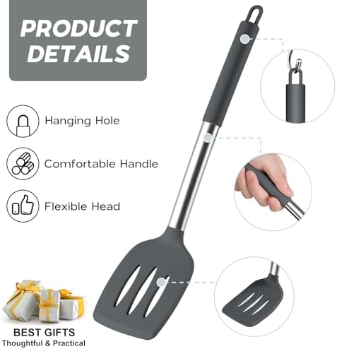 Onader Kitchen Cooking Utensils Set of 15, Silicone and Stainless Steel Utensils Spatula Set with Holder, Heat Resistant & Dishwasher Safe - Grey