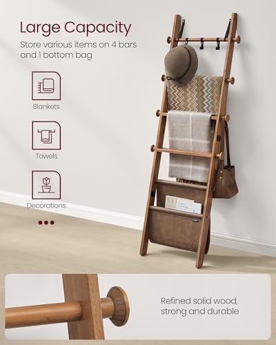 VASAGLE Blanket Ladder, 5-Tier Pine Wood Ladder Shelf with PU Leather Bag