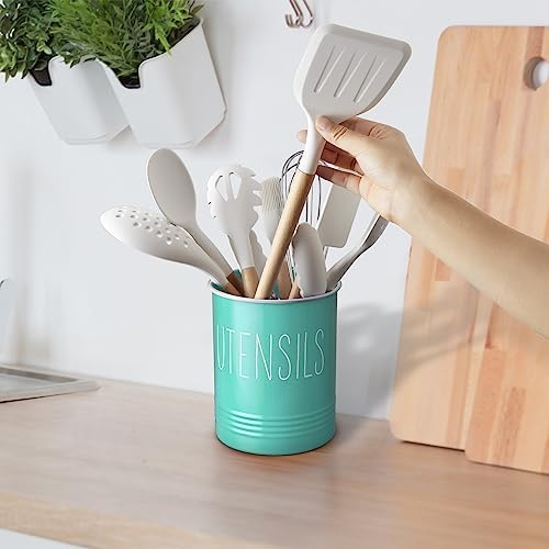 Bivvclaz Teal Kitchen Utensil Holder, 6.7" Utensil Holder for Kitchen Counter, Cooking Utensil Crock with Cork Bottom, Turquoise Decor and Accessories, Countertop Utensil Storage Caddy Organizer