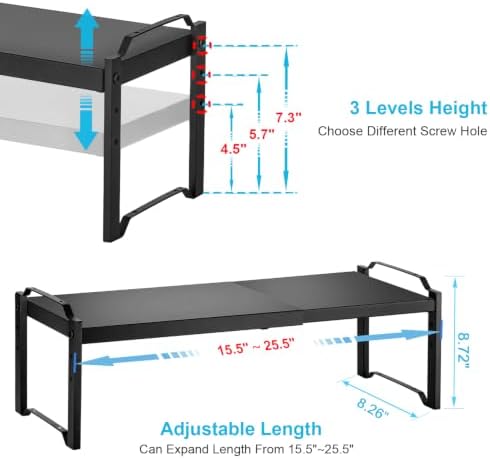 X-cosrack 25.5 Inches 2 Pack Expandable Cabinet Shelves, Stackable Shelf Organizer for Kitchen Cabinet Countertop Storage, Adjustable Counter Cupboard Pantry Organizer Shelf Rack Stand Riser, Black