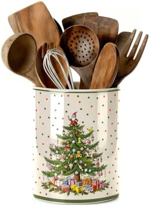 Christmas Tree Green Kitchen Utensil Holder, Xmas Winter Large Ceramic Utensil Holder For Countertop Organizer, 6.3'' Cooking Utensil Crocks Festivel Decor Utensil Storage Cup for Kitchen
