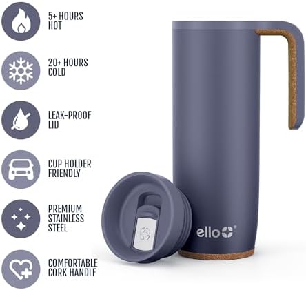 Ello Magnet 18oz Insulated Stainless Steel Travel Mug with Handle, Shadow, 18 Ounces (Pack of 6)