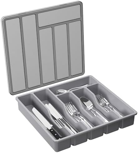 Lifewit Silverware Organizer with Lid, Covered Utensil Tray, 12.6x11.8