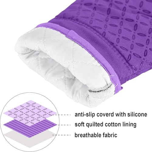 KEGOUU Oven Mitts and Pot Holders 6pcs Set, Kitchen Oven Glove High Heat Resistant 500 Degree Extra Long Oven Mitts and Potholder with Non-Slip Silicone Surface for Cooking (Purple)