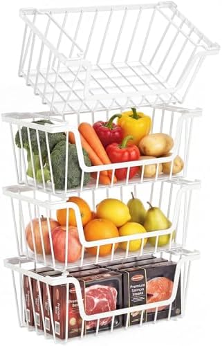 SUNALLY Stackable Storage Bins 4 Pcs Wire Baskets Freezer Organizer, White